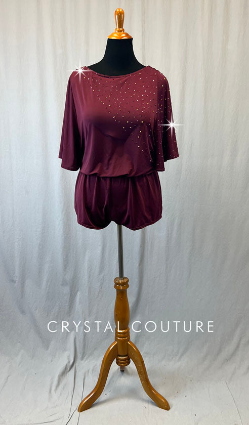 Burgundy Flounce Top Romper with Wide Sleeves and Rhinestones