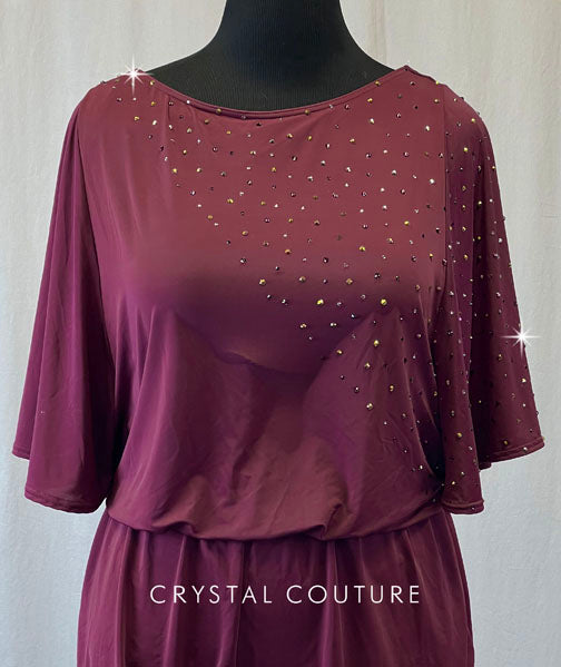 Burgundy Flounce Top Romper with Wide Sleeves and Rhinestones