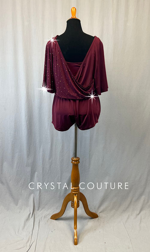 Burgundy Flounce Top Romper with Wide Sleeves and Rhinestones