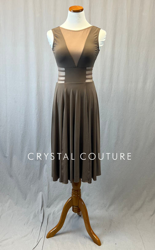 Taupe Mid-Length Tank Dress with Mesh Inserts
