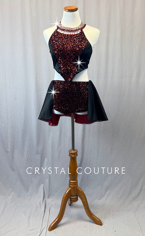 Black and Red Sequined Two Piece with Two Tone Half Skirt - Rhinestones