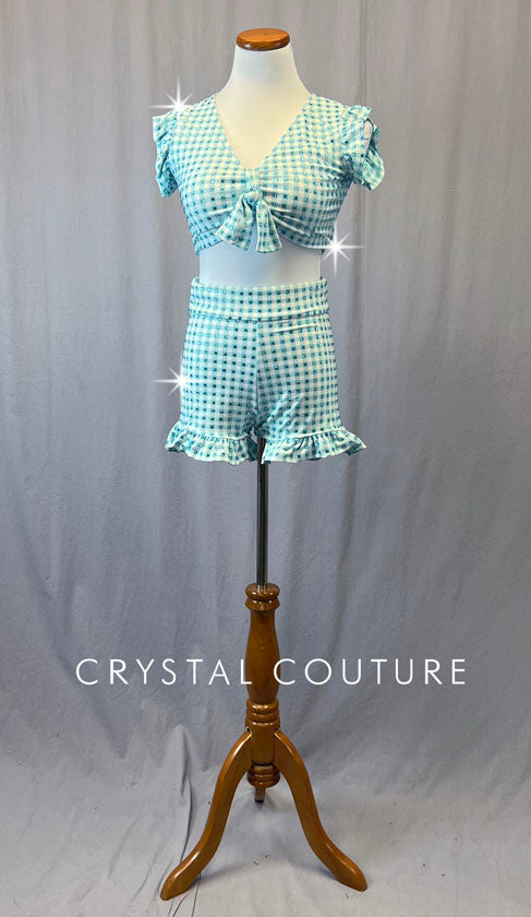 Custom Sky Blue and White Checkered Tie Front Top with Ruffle Shorts and Rhinestones