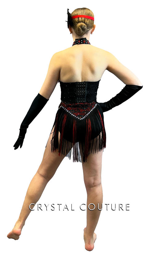 Custom Black and Red Lace Bustier with Fringe - Rhinestones