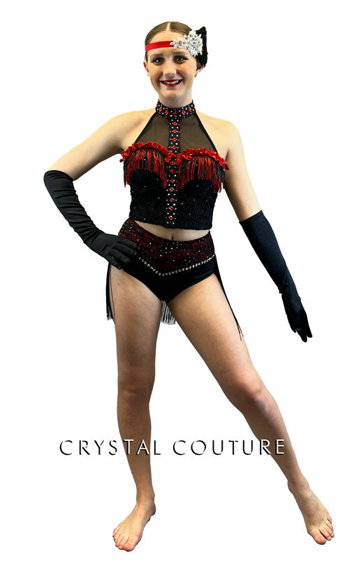 Custom Black and Red Lace Bustier with Fringe - Rhinestones