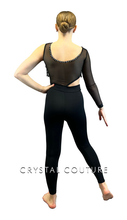 Custom Black Asymmetrical Unitard with Mesh Sleeve and Sequin Fringe - Rhinestones