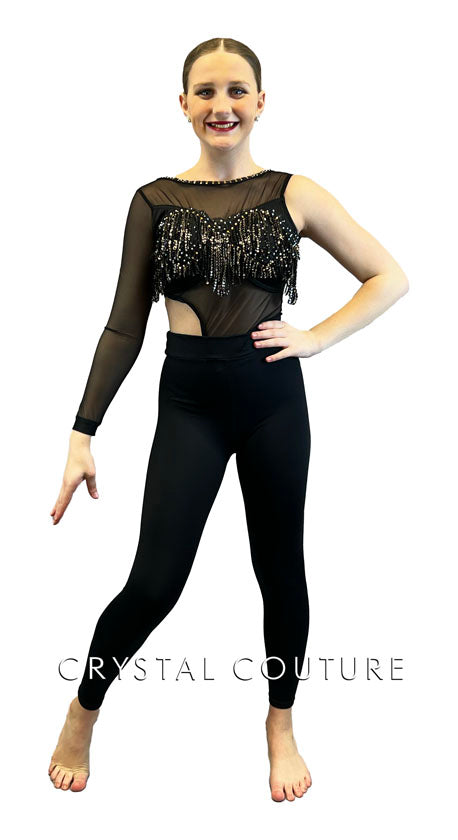 Custom Black Asymmetrical Unitard with Mesh Sleeve and Sequin Fringe - Rhinestones
