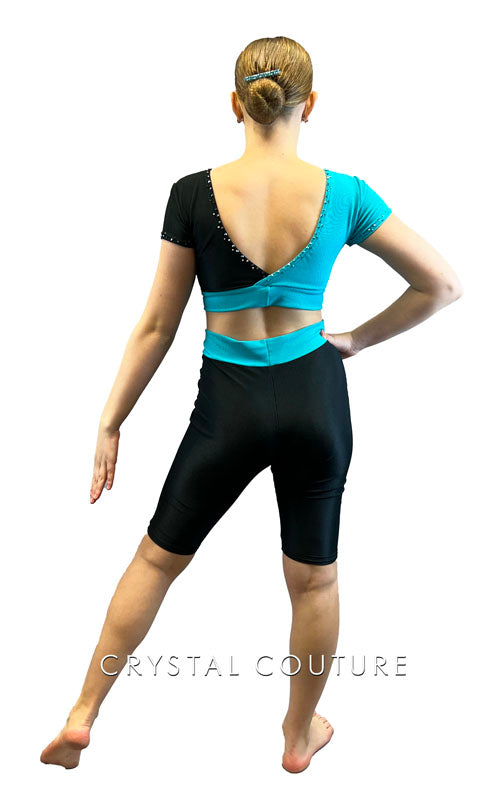 Custom Teal and Black Ribbed Cross Over Two Piece with Bike Shorts - Rhinestones