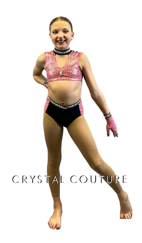Coral and Black Netted Two Piece with Mesh Back - Rhinestones