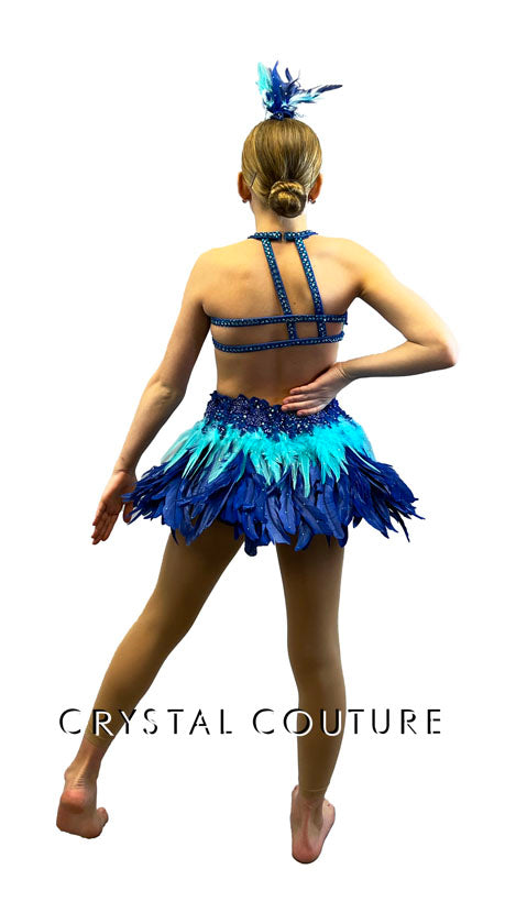 Blue Beaded Two Piece with Strappy Back and Feathered Back Skirt - Rhinestones