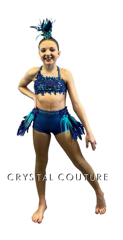 Blue Beaded Two Piece with Strappy Back and Feathered Back Skirt - Rhinestones