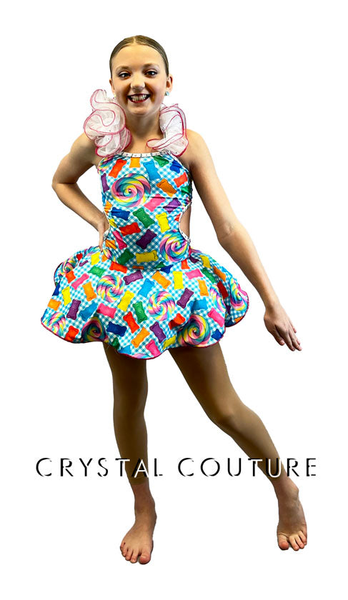 Gummy Bear Skirted Leotard with Ruffled Halter Strap - Rhinestones