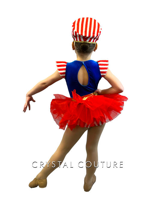 Red, White, and Blue Marching Band Themed Velour Leotard with Tutu - Rhinestones