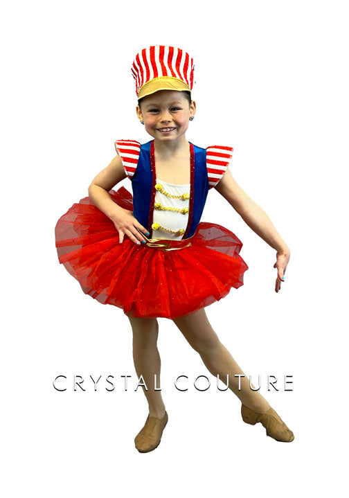 Red, White, and Blue Marching Band Themed Velour Leotard with Tutu - Rhinestones