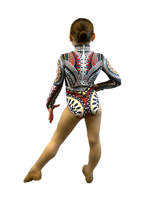 Primary Colored Geometric Pattern Long Sleeve Mock Neck Leotard - Rhinestones