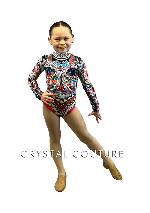 Primary Colored Geometric Pattern Long Sleeve Mock Neck Leotard - Rhinestones