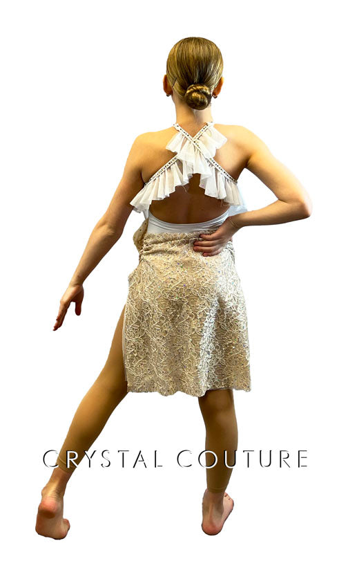 Custom White and Beige Lace Leotard with Back Skirt & Ruffled Straps - Rhinestones
