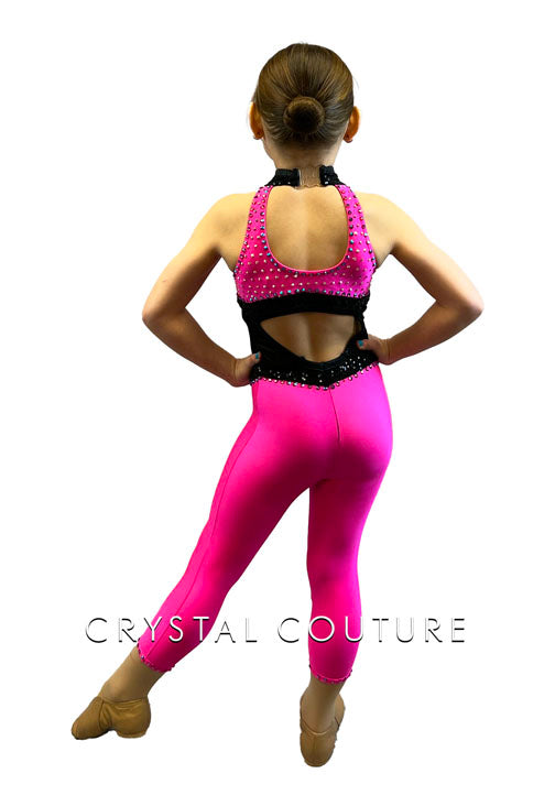 Pink Unitard with Black Mesh - Rhinestones