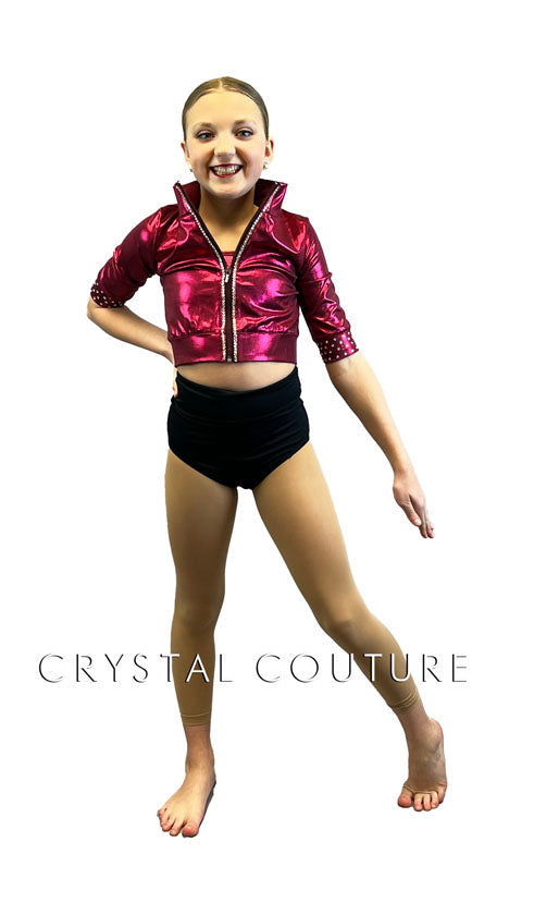 Burgundy Elbow Length Zip Up Jacket with Trunks and Rhinestones