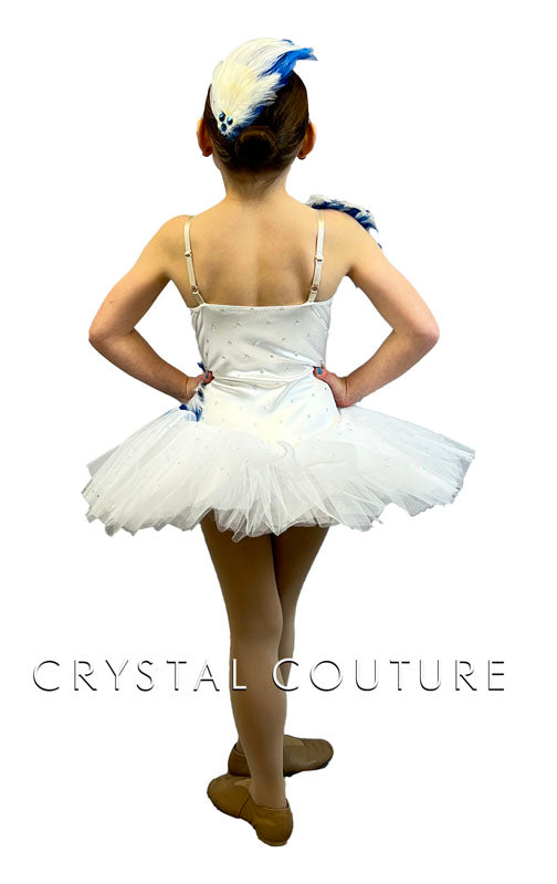 White Soft Tutu w/Attached White Leotard and Blue Feathers - Rhinestones