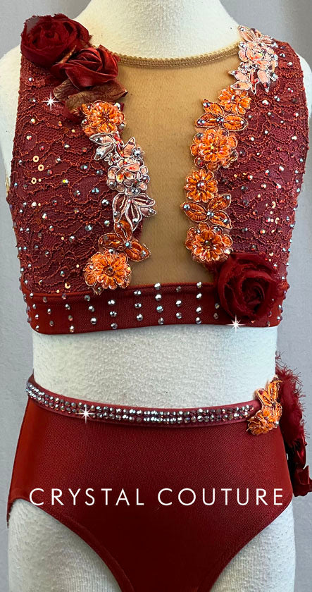 Rust Red & Orange Lace Two Piece - Rhinestones