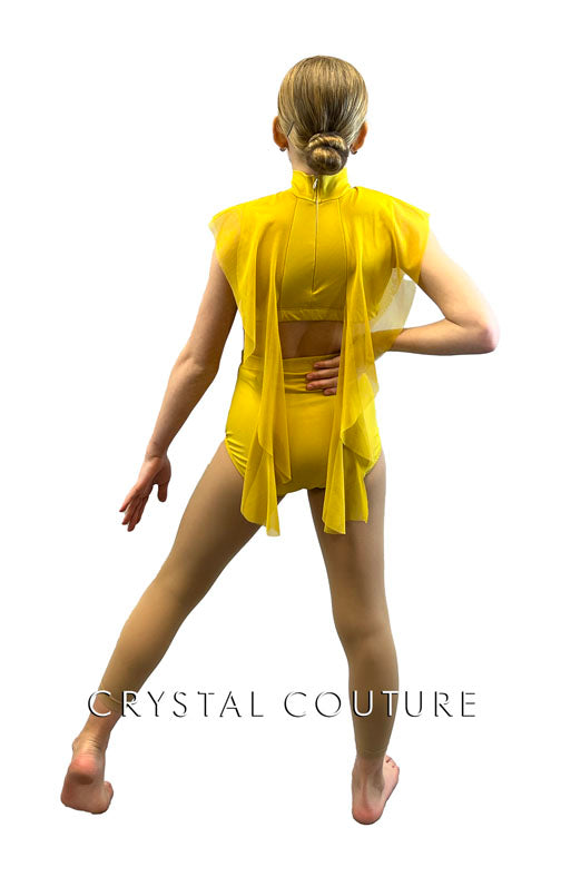 Mustard Yellow Mock Neck Two Piece with Mesh Drape Sleeves