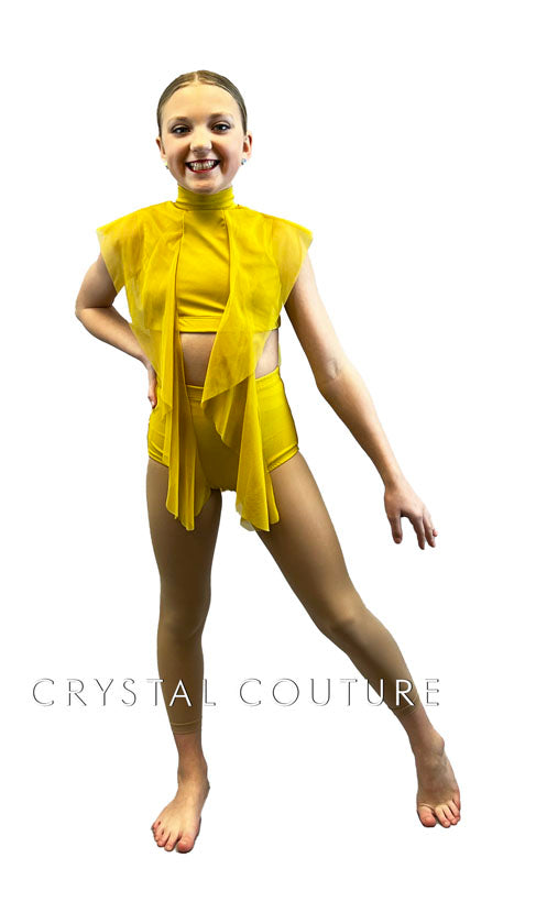 Mustard Yellow Mock Neck Two Piece with Mesh Drape Sleeves