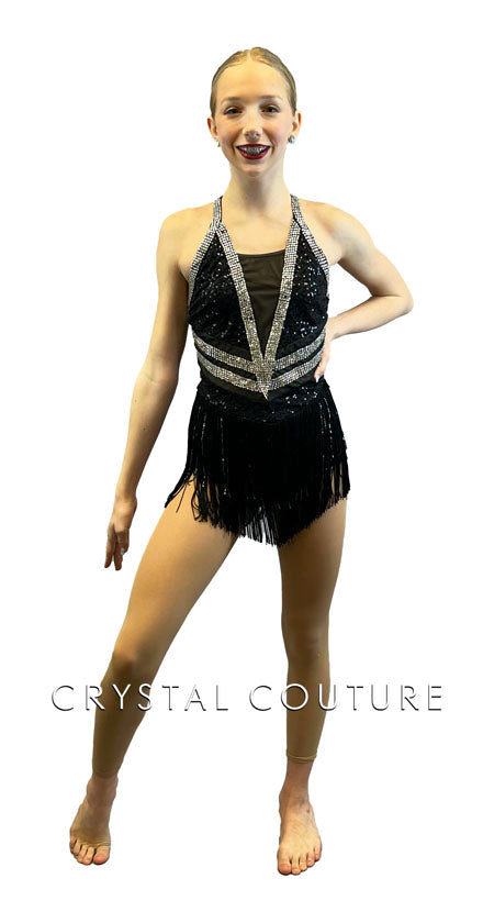 Black Sequin Leotard with Fringe Skirt and Open Back - Rhinestones