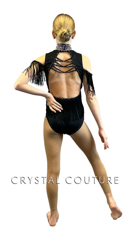 Black Mock Neck Leotard with Fringe Off Shoulder Sleeves - Rhinestones