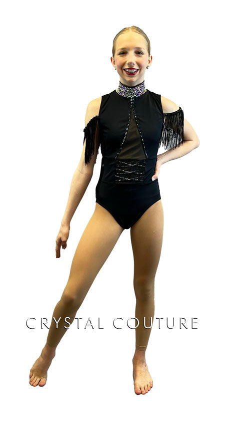 Black Mock Neck Leotard with Fringe Off Shoulder Sleeves - Rhinestones