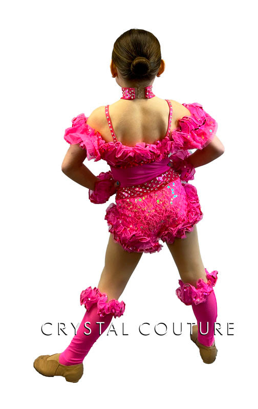 Hot Pink One Piece with Open Midriff and Rufffles - Rhinestones