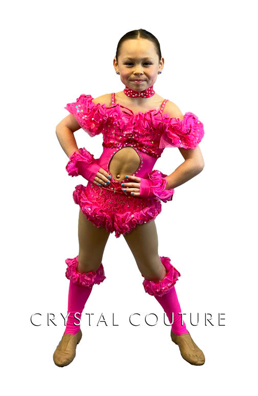 Hot Pink One Piece with Open Midriff and Rufffles - Rhinestones