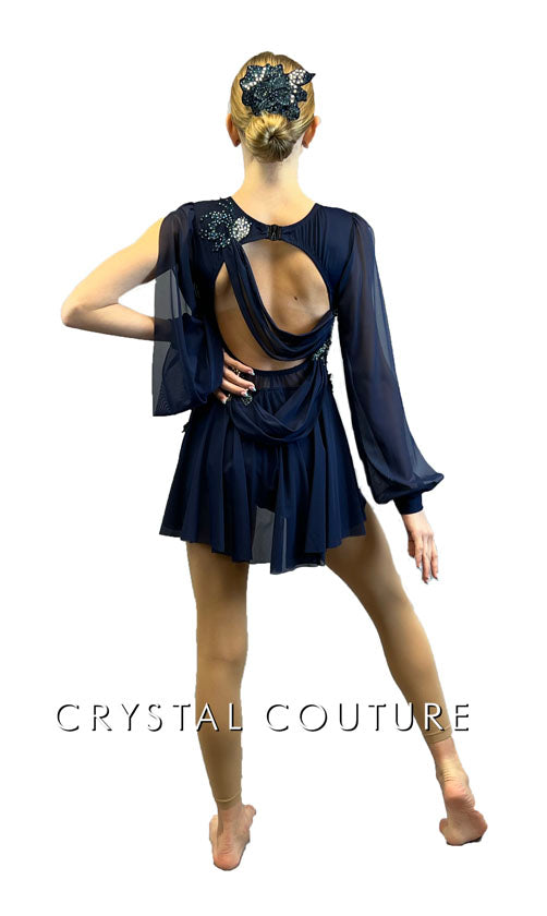 Navy Blue Puff Sleeve Leotard with Mesh Drape and Back Skirt - Rhinestones