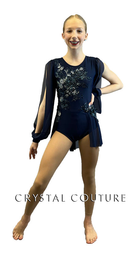 Navy Blue Puff Sleeve Leotard with Mesh Drape and Back Skirt - Rhinestones