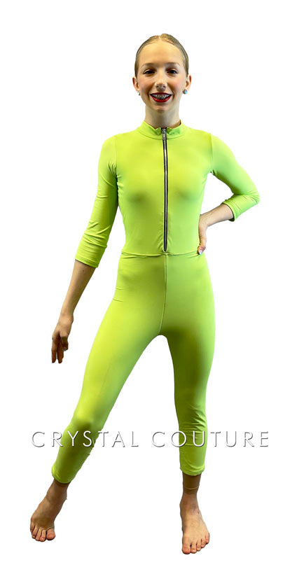 Custom Lime Green Long Sleeve Zipper Front Unitard