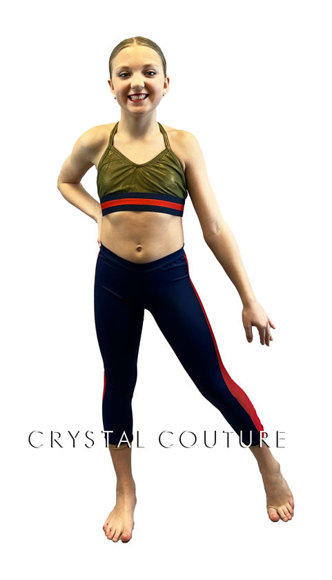 Olive and Navy Two Piece with Red Stripe Accents