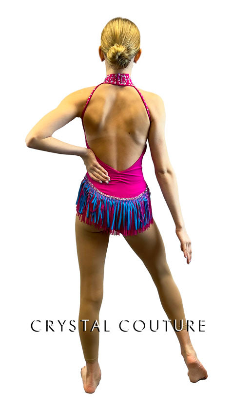 Custom Pink and Blue Open Back Leotard with Asymmetrical Fring Skirt - Rhinestones