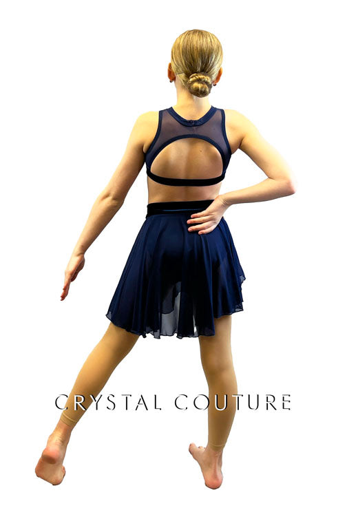 Navy Blue Velour and Mesh Two Piece with Asymmetrical Skirt