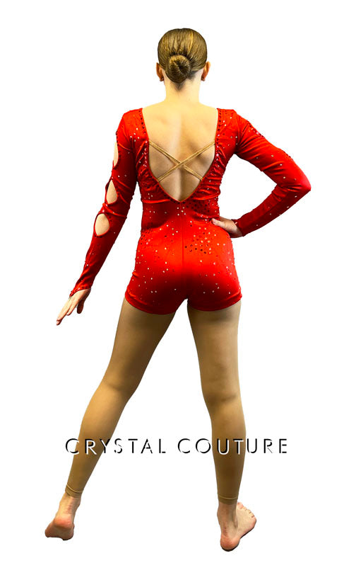 Red Long Sleeved Biketard with Cutouts - Rhinestones