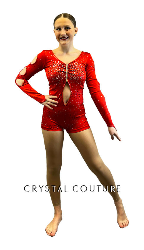 Red Long Sleeved Biketard with Cutouts - Rhinestones