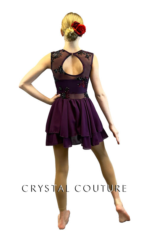 Plum Leotard with Back Skirt & Velour Flower Mesh - Rhinestones
