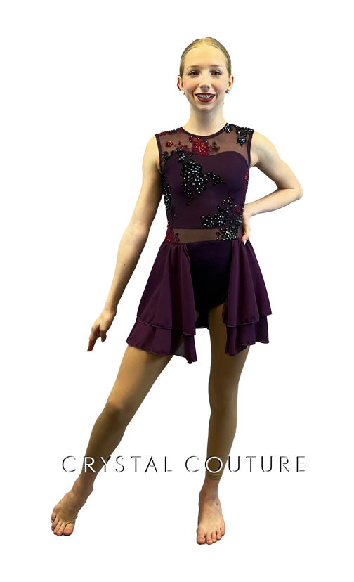 Plum Leotard with Back Skirt & Velour Flower Mesh - Rhinestones