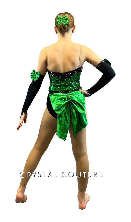 Green Sequin Leotard with Velour Bottoms & Back Bow - Rhinestones