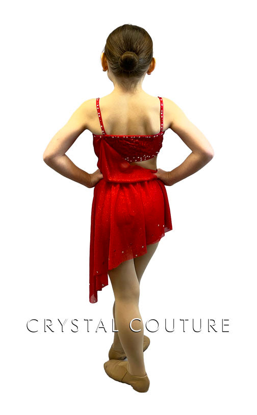 Red Shimmer Asymmetrical Wrap Dress - Rhinestones