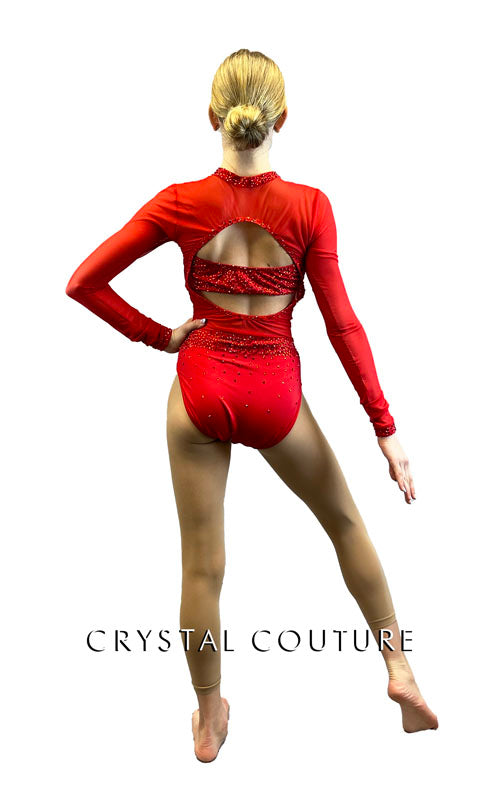 Red Open Front Mesh Leotard - Rhinestones