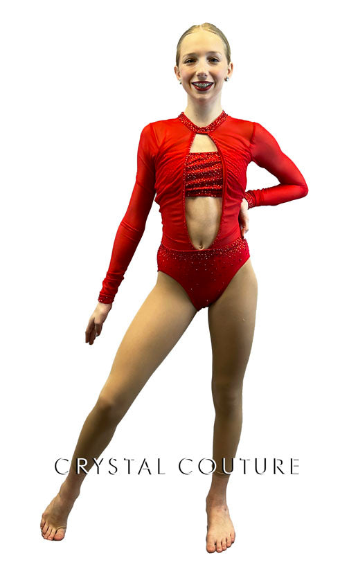 Red Open Front Mesh Leotard - Rhinestones