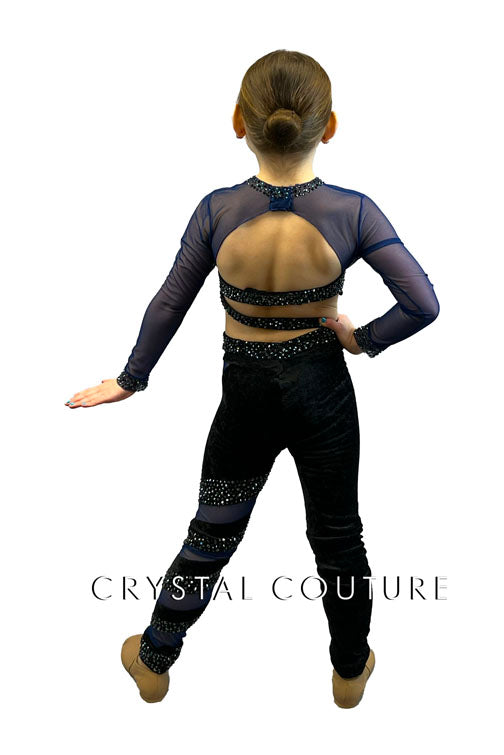 Custom Black Velour and Navy Mesh Connected Two Piece - Rhinestones