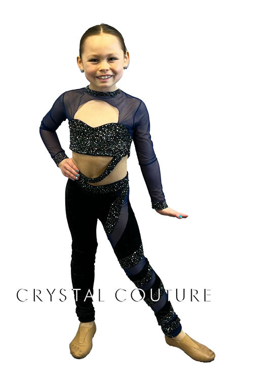 Custom Black Velour and Navy Mesh Connected Two Piece - Rhinestones