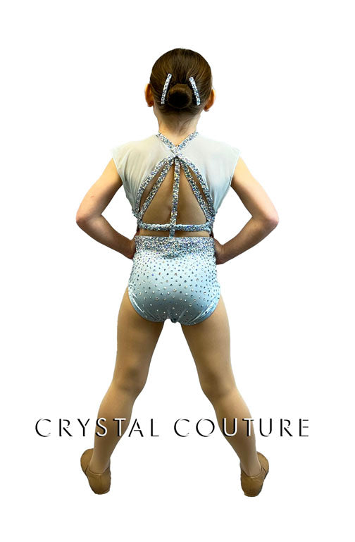 Custom Baby Blue Strappy Back Connected Two Piece with Mesh Cap Sleeves - Rhinestones