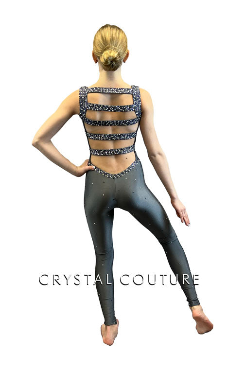 Custom Grey Strappy Back Unitard - Rhinestones