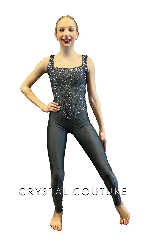 Custom Grey Strappy Back Unitard - Rhinestones